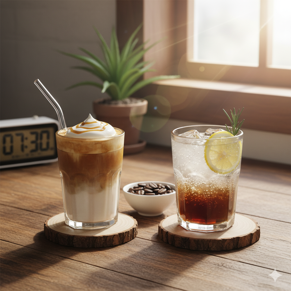 집에서 직접 만든 바닐라 크림 라떼와 콜드브루 토닉을 담은 홈카페 테이블 전경(이미지 생성:google)