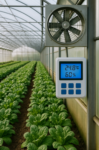 온실 내부에서 자동 환기 팬과 디지털 제어기가 작동하며 온도와 습도 수치를 실시간으로 표시하는 모습