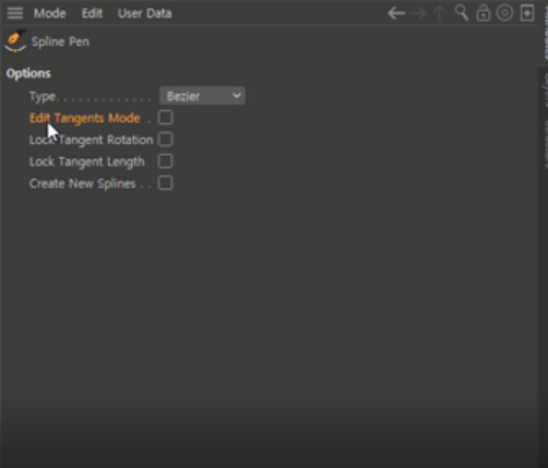 생성한 스플라인의 속성창의 모습니다.