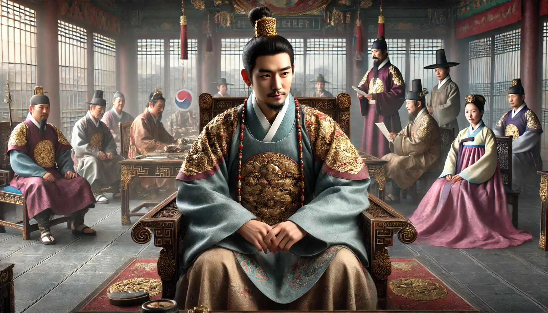 그의 표정은 결연하고 집중된 모습으로, 고려의 자주성을 유지하려는 노력을 반영하고 있습니다.