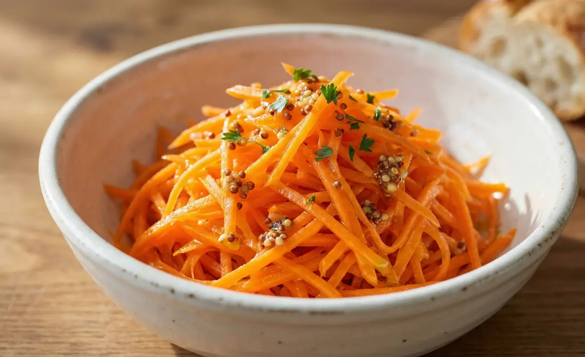 신선한 올리브유와 홀그레인 머스터드로 버무린 당근 라페의 먹음직스러운 모습