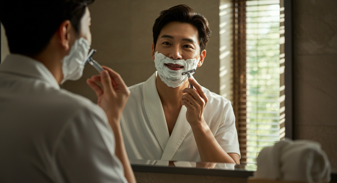 &quot;한 명의 한국인 남성이 아침에 만족스러운 표정으로 쉐이빙폼을 바른후 면도를 하며 자신을 가꾸는 모습.&quot;