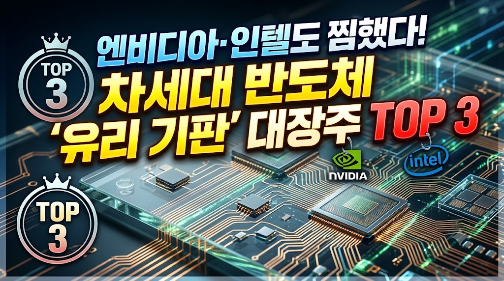 차세대 반도체 유리 기판 이미지 배경에 "엔비디아&middot;인텔도 찜했다! 차세대 반도체 '유리 기판' 대장주 TOP 3" 문구가 들어간 썸네일.