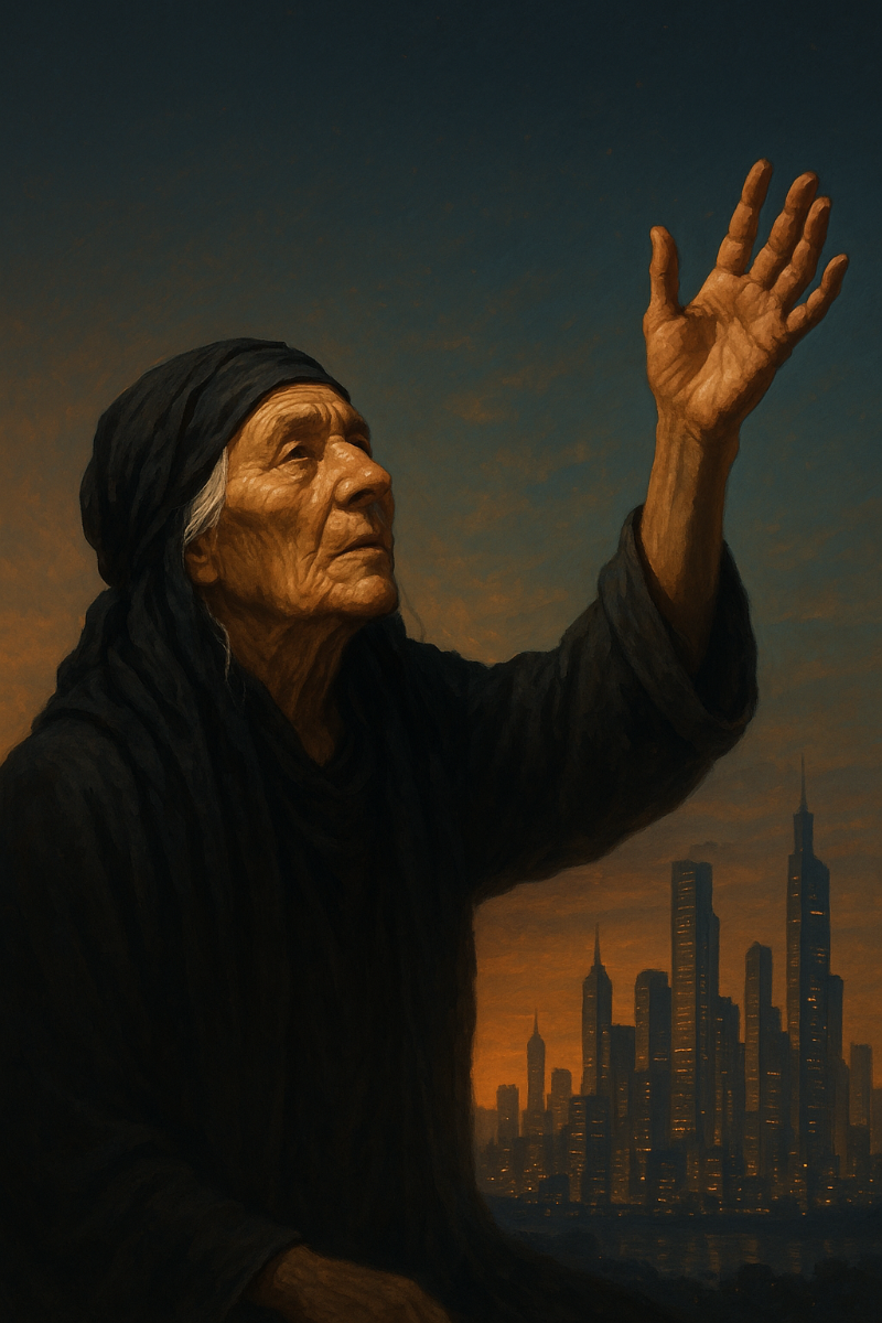 흰 머리카락에 검은 헤드스카프를 쓴 노년의 바바 방가가 하늘을 향해 손을 뻗은 모습