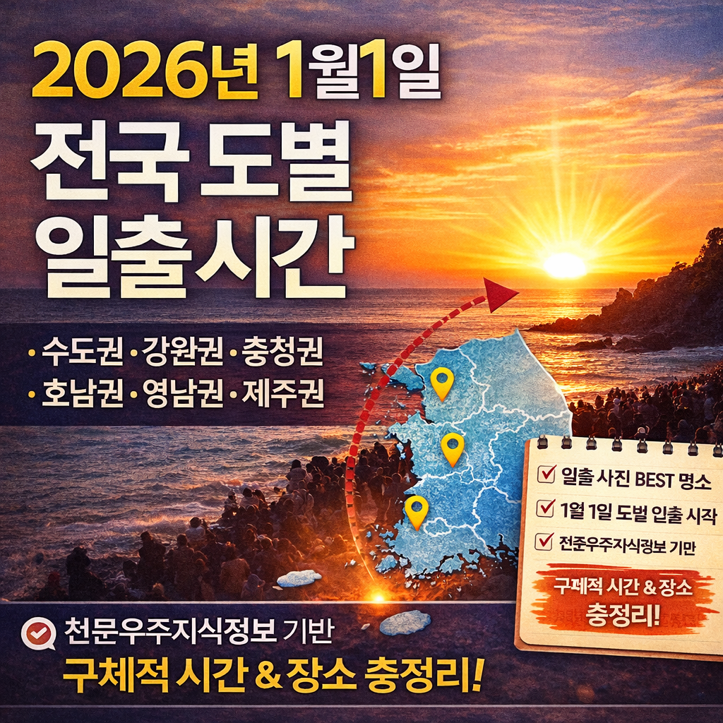 2026년 1월 1일(새해) 전국 도·광역권별 일출 시각을 ‘천문우주지식정보’(KASI)에서 확인하는 방법과, 권역별 대표 일출 명소를 함께 정리합니다