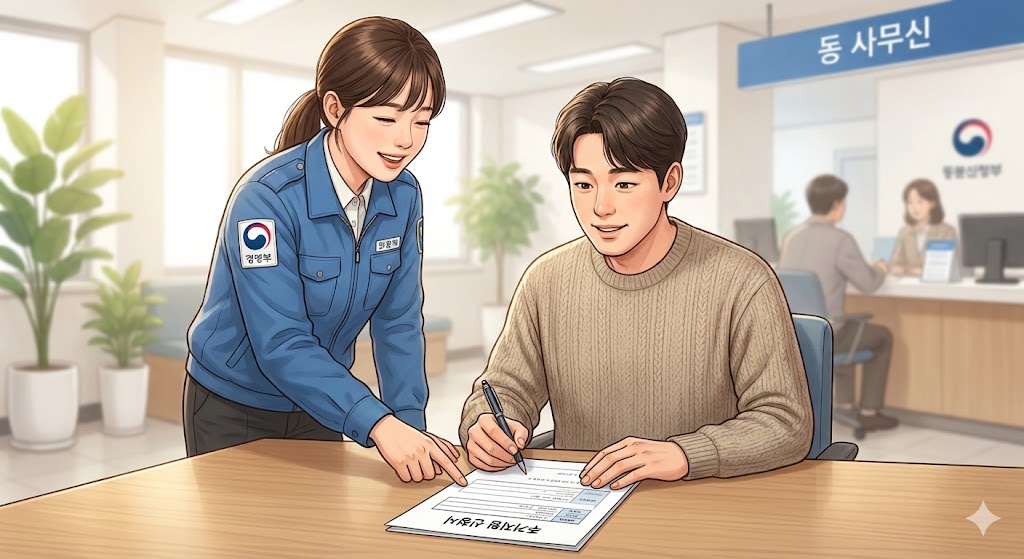 행정복지센터에서 영구임대아파트 입주 신청서를 작성하는 모습과 상담하는 공무원