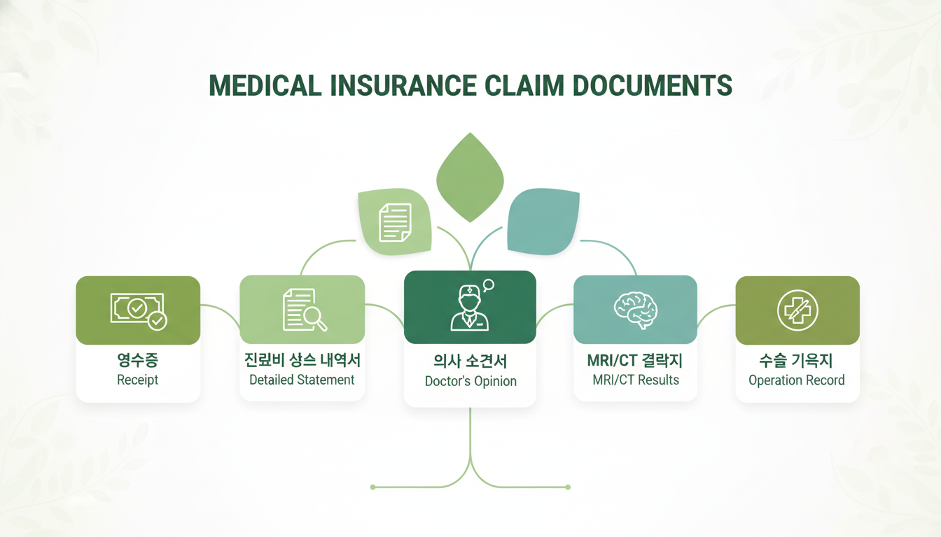 실비 보험 청구를 위한 진료비 영수증, 세부내역서, 의사 소견서 등 필수 서류 목록을 아이콘과 함께 보여주는 깔끔한 인포그래픽.