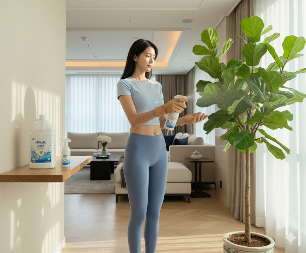 햇살 좋은 거실에서 여성이 삼양플라스틱 sp500 스프레이 용기로 식물에 영양제를 주는 모습. 플랜테리어와 어울리는 깔끔한 디자인
