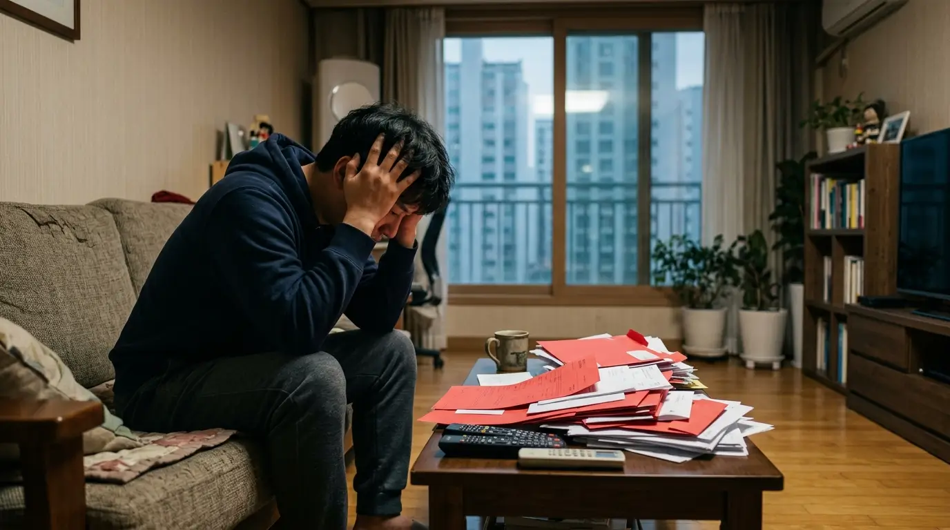 한국의 거실 소파에 앉아 산더미처럼 쌓인 대출 이자 고지서를 보며 깊은 한숨을 쉬고 있는 30대 남성 가장의 모습