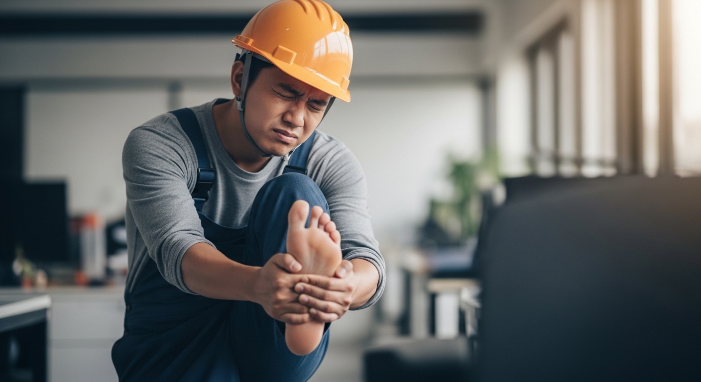 오래 서서 일한 뒤 발바닥 피로를 느끼는 직장인의 모습