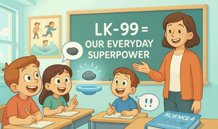 LK-99를 배우는 미래 초등학교 교실 장면. 칠판에 ‘LK-99 = Our Everyday Superpower’라는 문구가 쓰여 있고, 아이들이 자기부상 시료에 놀라워하는 모습이 그려짐. 과학이 일상이 된 미래 교육 풍경. (LK-99, superconducting classroom)