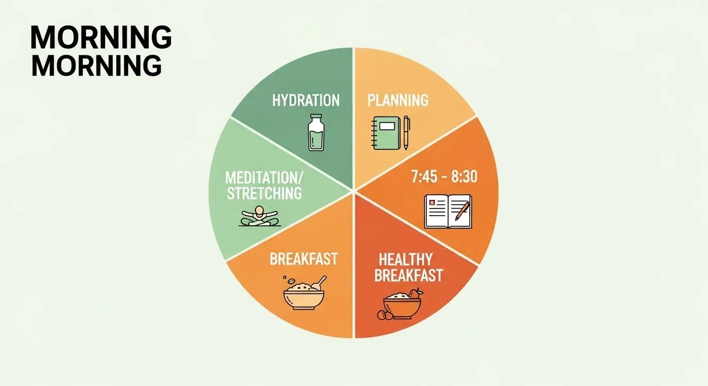 모닝 루틴의 각 활동을 시간대별로 구분하여 보여주는 깔끔한 인포그래픽. 물 마시기, 명상, 아침 식사, 계획 세우기 등의 활동이 아이콘과 함께 표시되어 있다.