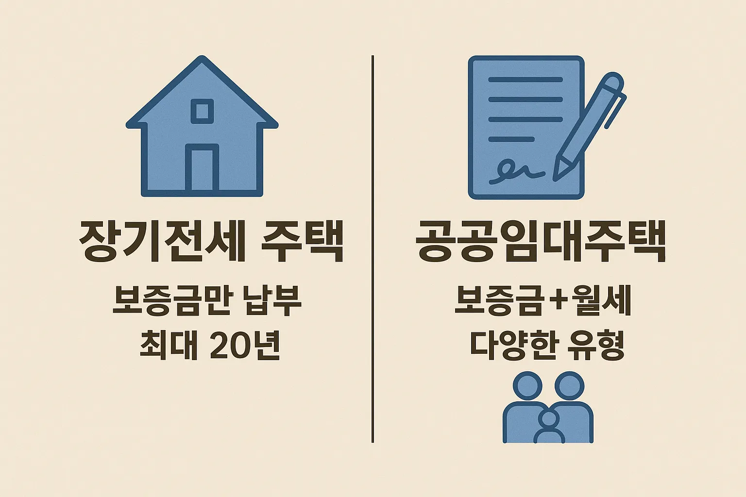 장기전세 주택과 공공임대주택의 보증금, 월세, 납부 방식과 최대 거주 기간 등 기본 제도를 비교한 인포그래픽으로 주거 제도 이해를 돕는 자료