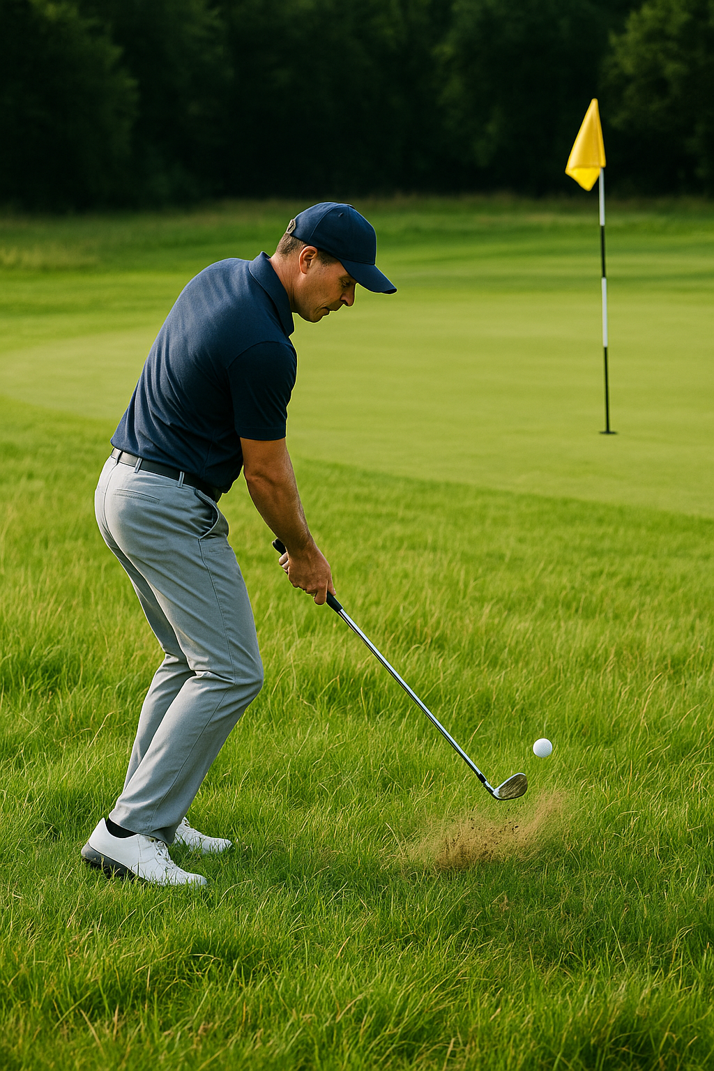 골퍼가 러프에서 9번 아이언으로 런닝어프로치하여 홀컵에 넣는 모습