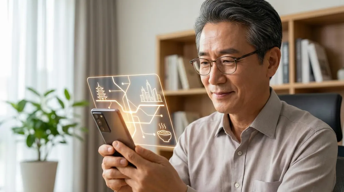 스마트폰을 사용해 챗GPT가 제안한 맞춤형 해외여행 일정을 진지하게 검토하고 있는 50대 남성의 모습