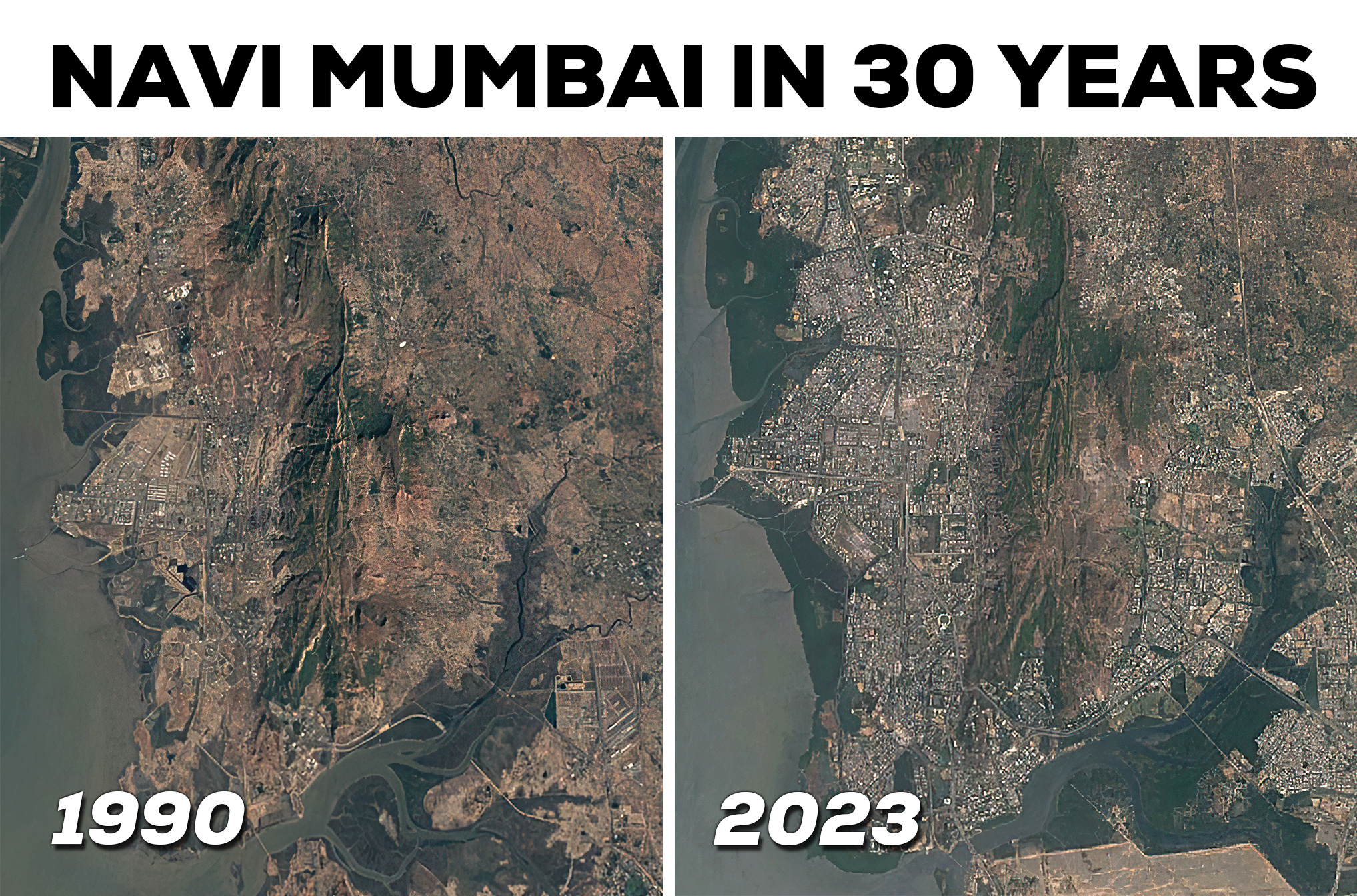 위성사진인에, 둘다 나비뭄바이입니다. 왼쪽은 개발이 거의 안된사진, 오른쪽은 아파트 및 건물이 빽빽하게 들어선 사진입니다. 확대해서 보세요.
