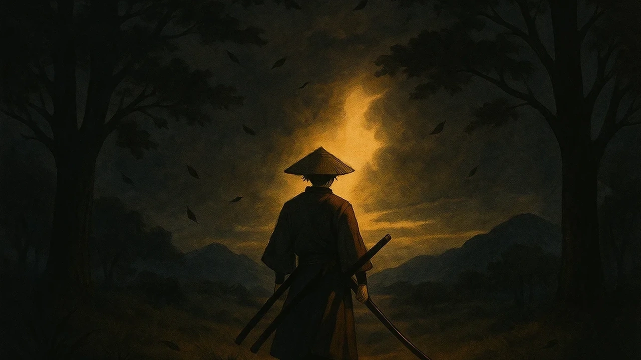 황혼 속 숲길을 걷는 사무라이의 실루엣