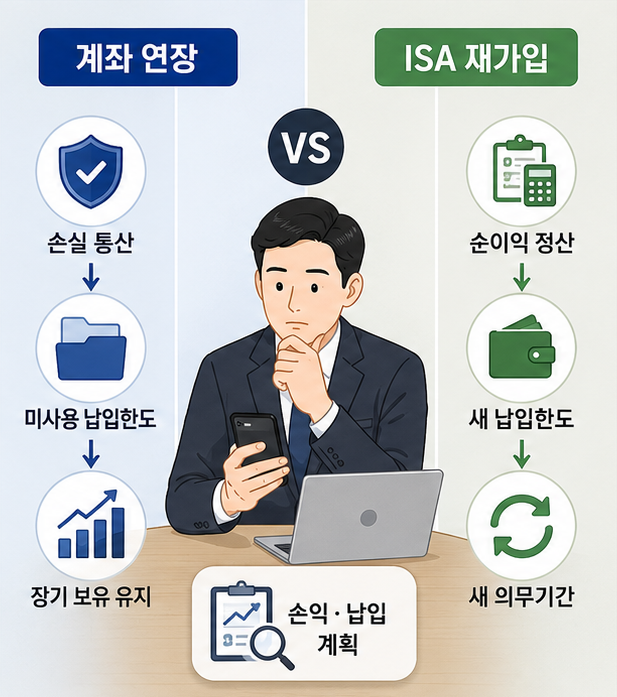 ISA 재가입과 ISA 만기 연장의 손익 및 납입한도 비교