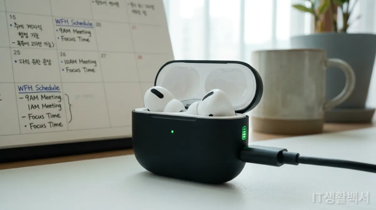 충전 중인 무선 이어폰 케이스와 완충된 배터리 표시