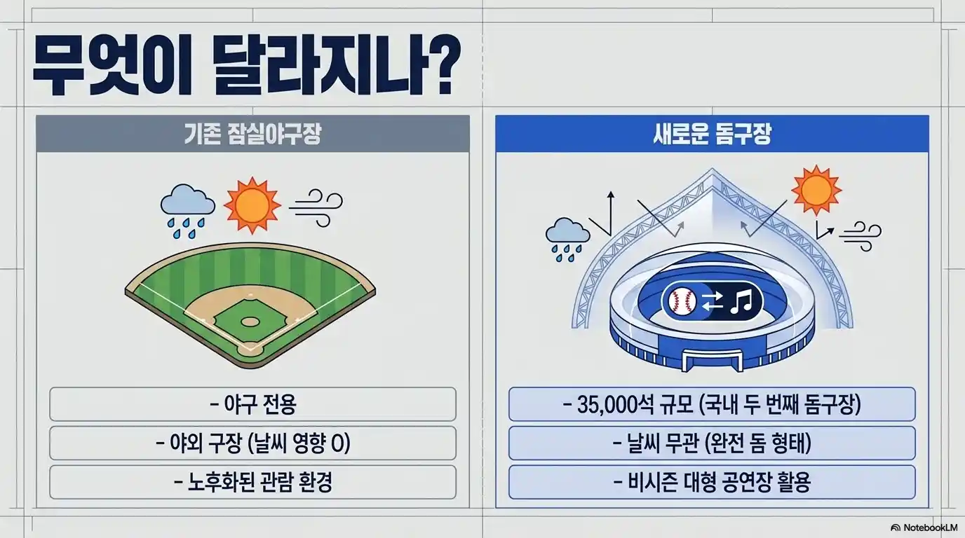 기존 잠실야구장과 2032년 신축 돔구장의 차이점과 시설 변화를 비교한 인포그래픽