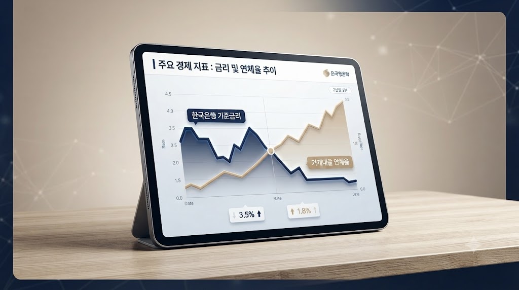 "나무 책상 위에 세워진 태블릿 PC 화면에 '주요 경제 지표: 금리 및 연체율 추이'라는 제목의 한국은행 데이터 시각화 그래프가 표시되어 있습니다. 그래프는 '한국은행 기준금리'와 '가계대출 연체율'의 변동 추이를 보여주며, 상단에 한국은행 로고와 '2년 변동' 표시가 있습니다. 화면 하단에는 각각 '+ 3.5%' 및 '+ 1.8%'의 수치가 표기된 카드와 함께 은근한 조명 효과가 적용된 배경이 보입니다."