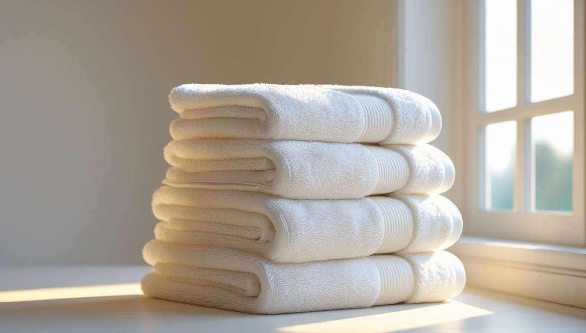 햇살이 잘 드는 창가에서 뽀송하게 마른 하얀 수건들이 기분 좋게 개어져 쌓여있는 이미지. 상쾌하고 깨끗한 느낌을 전달