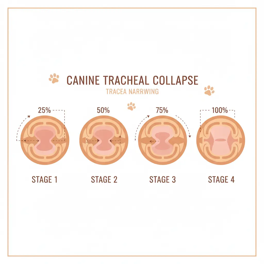 강아지 기관지 협착증의 1단계부터 4단계까지 기관지 단면이 좁아지는 정도를 나타내는 모식도