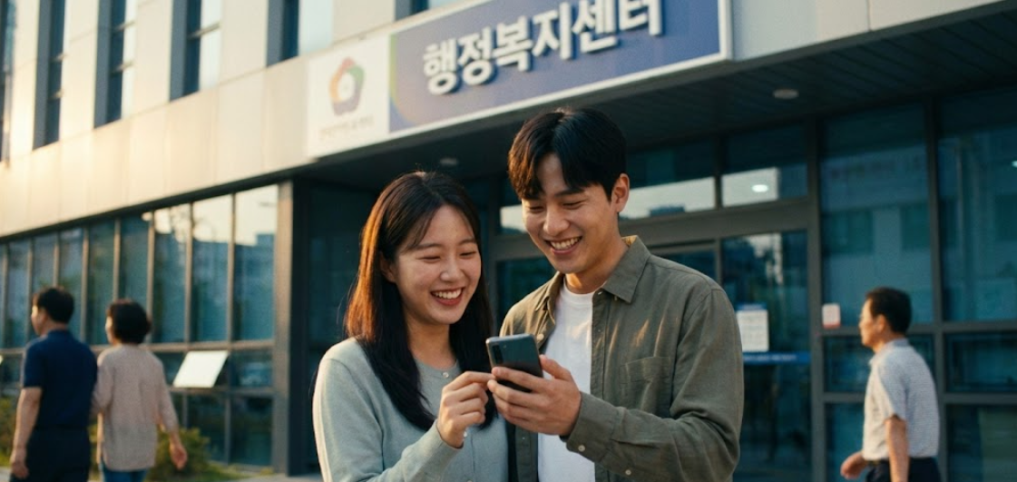 동주민센터 앞에서 스마트폰으로 정보를 확인하며 밝게 웃고 있는 남녀