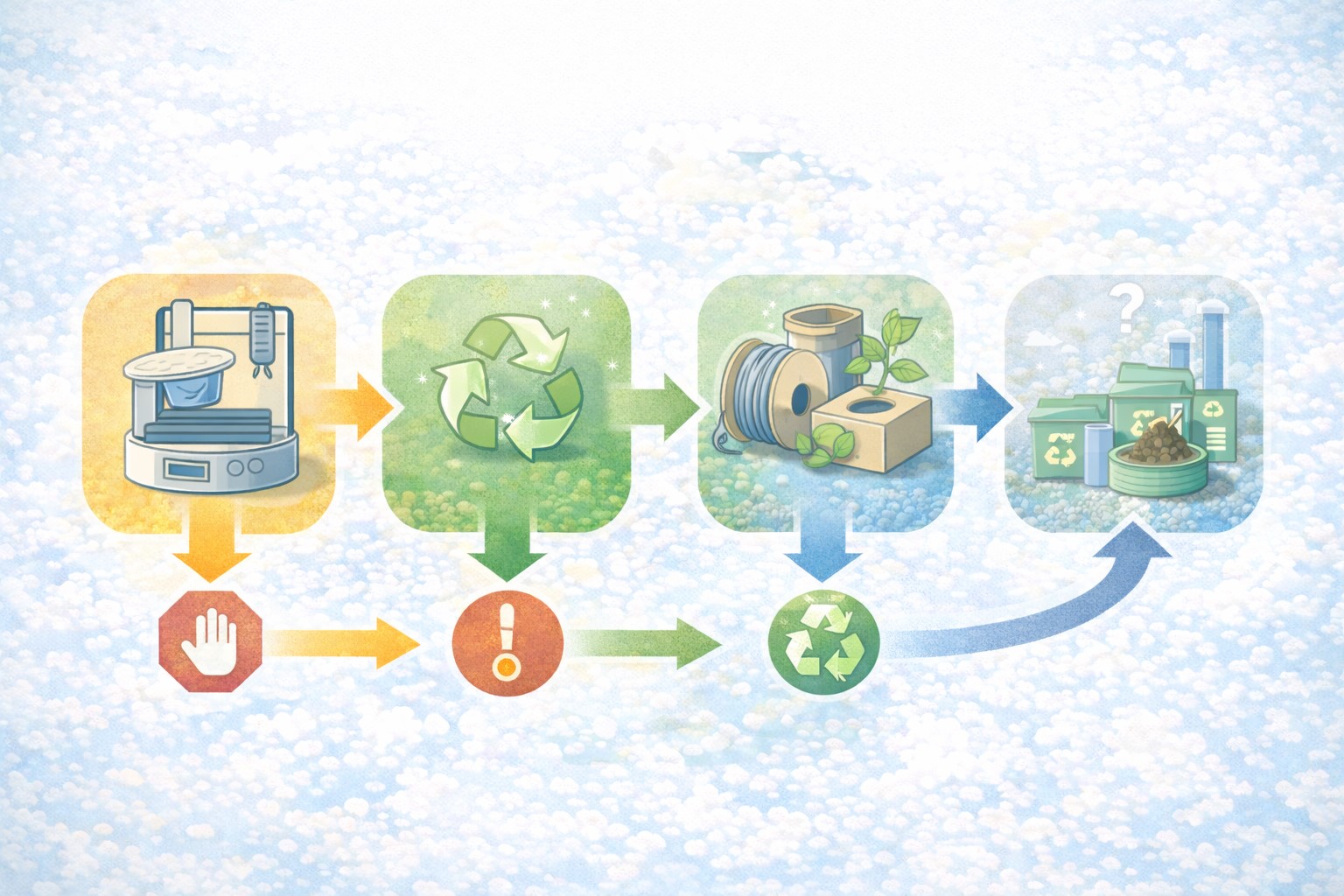 3D 프린터 친환경 필라멘트 선택에서 출력 안정성 재활용 소재 포장 리필 처리 인프라를 순서대로 판단하는 텍스트 없는 의사결정 다이어그램 이미지