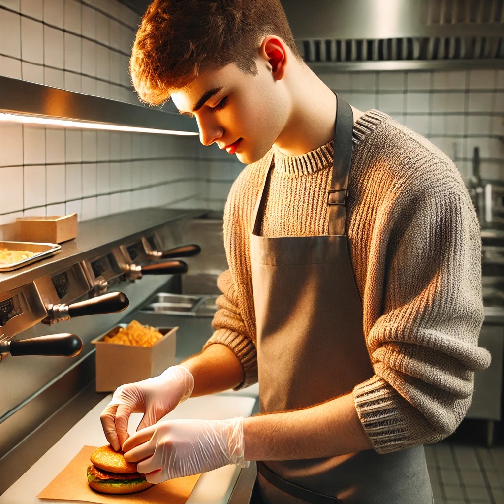 맥도날드 주방에서 버거를 준비하는 알바생