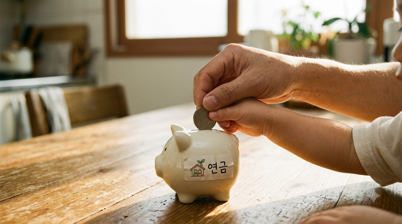 아빠 손과 아이 손이 함께 작은 연금 저금통에 동전을 넣는 장면