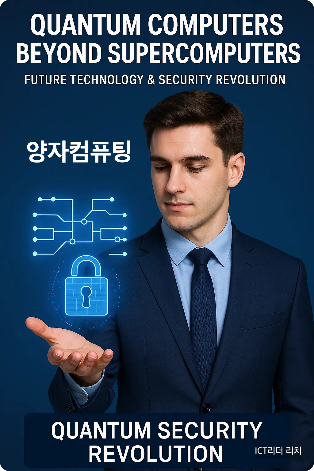 정장을 입은 20대 남성이 손바닥 위에 떠 있는 양자 회로와 보안 자물쇠 홀로그램을 바라보는 모습, 상단에는 'Quantum Computers Beyond Supercomputers' 문구가 표시되고, 하단에는 'Quantum Security Revolution' 메시지가 강조된 고화질 인포그래픽