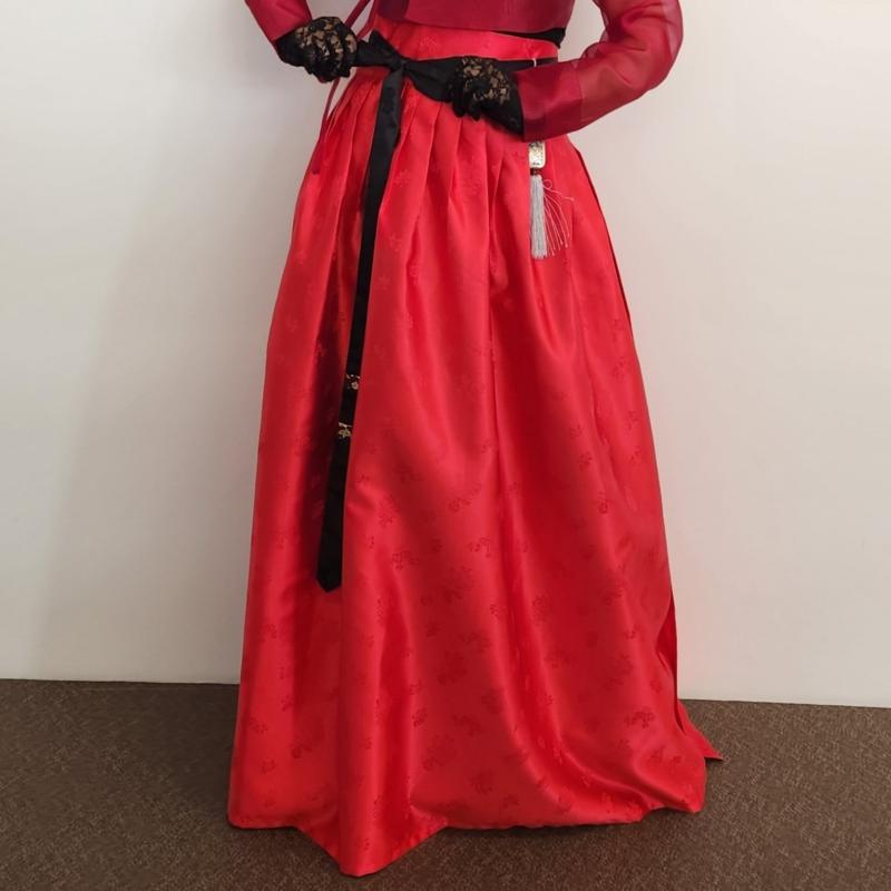 생활한복 허리치마 레드 하이웨스트 롱 양단 랩스커트