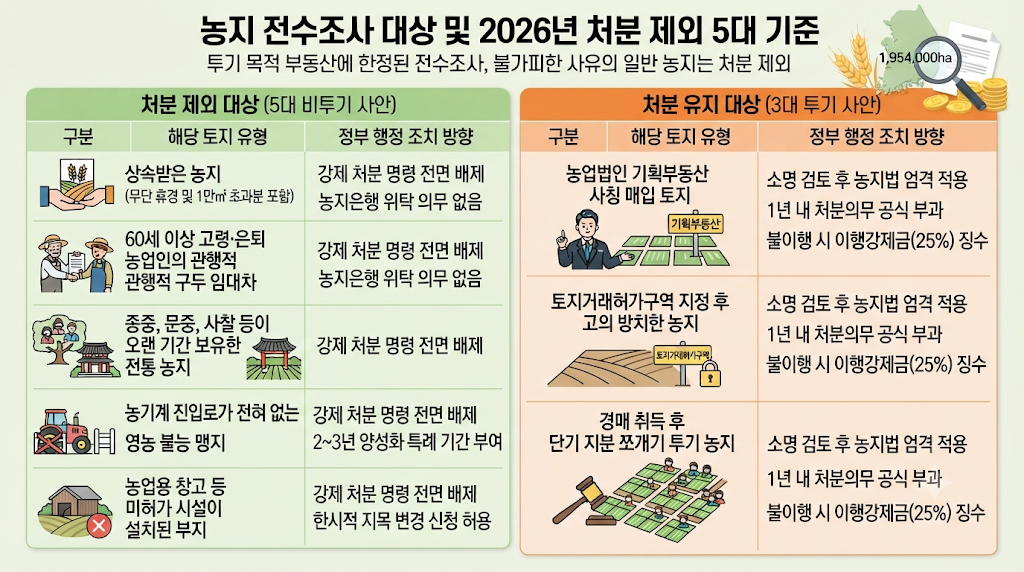 농지 전수조사 대상 및 2026년 처분 제외 5대 기준