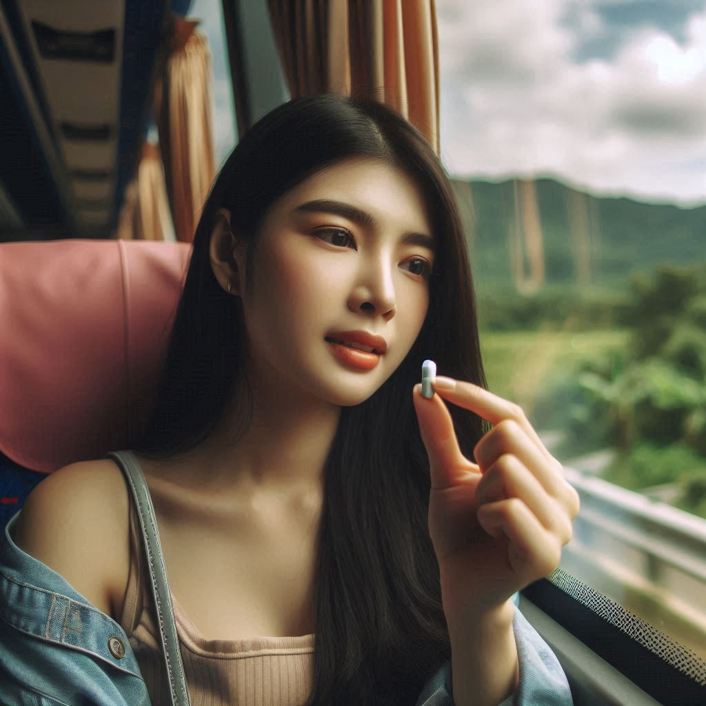 멀미약을 복용하는 여성