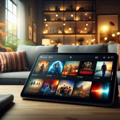 태블릿을 통해 SF 및 미래 테마의 영화와 시리즈를 탐색하는 미디어 스트리밍 인터페이스