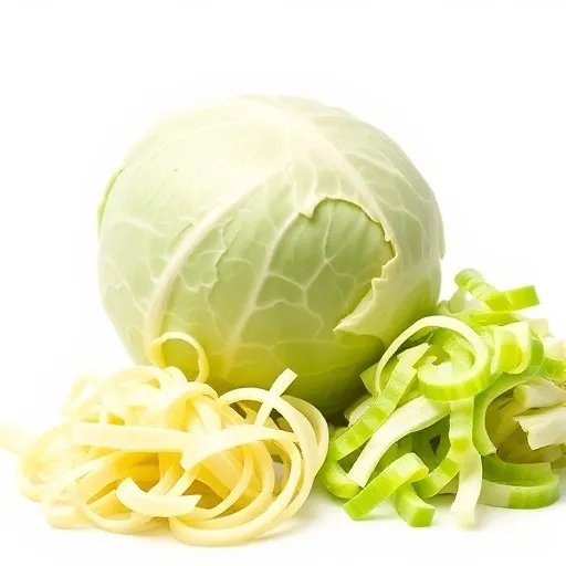 푸르고 단단한 통 양배추 한 개와 옆에 먹기 좋게 채 썰린 양배추가 함께 놓여 있습니다. 신선하고 깨끗한 느낌을 주며, 요리 활용도를 시사하는 가벼운 칼자국 같은 연출도 좋습니다.
