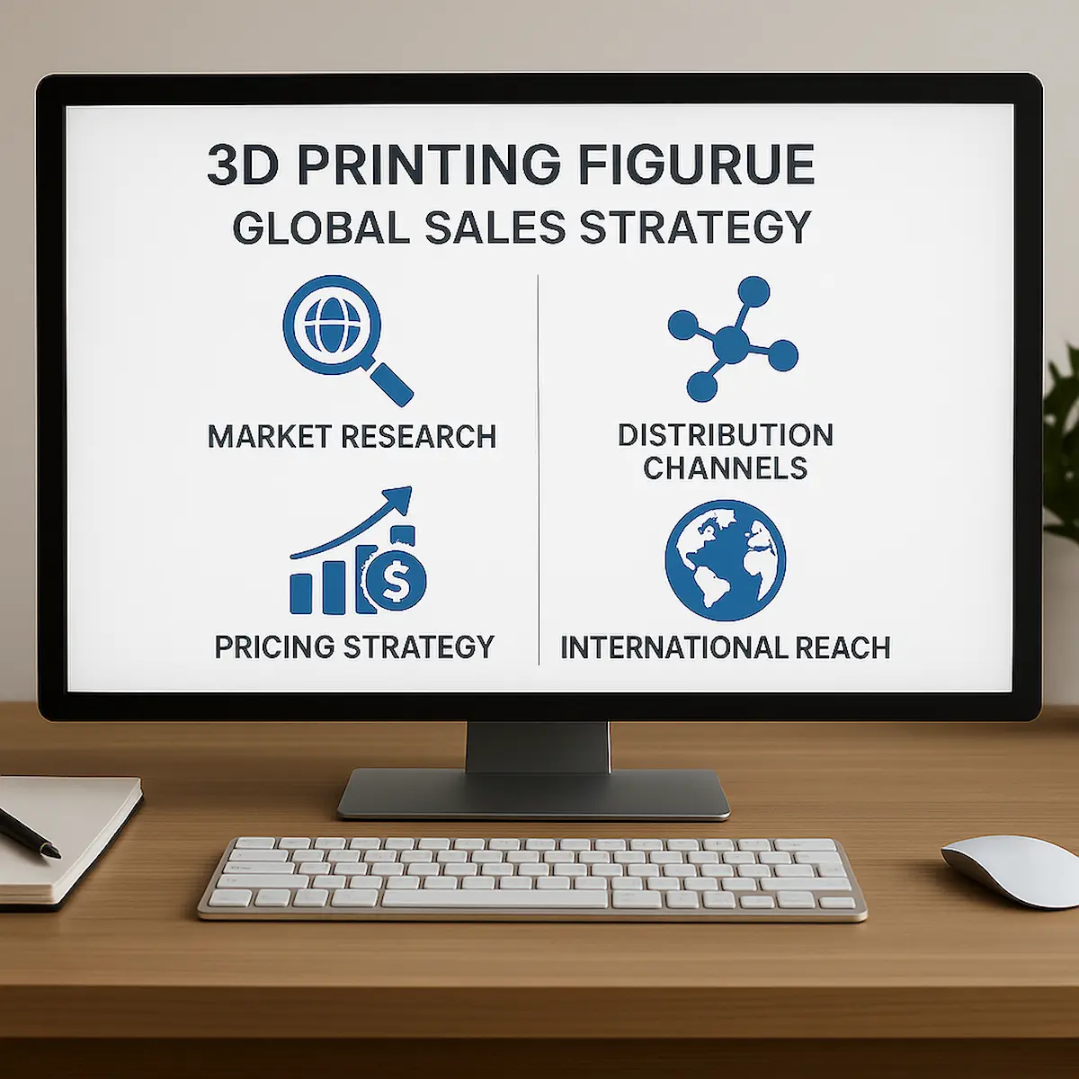3D프린팅 피규어 해외 판매 전략이 정리된 컴퓨터 화면, 인물 없이 정보가 표시된 장면