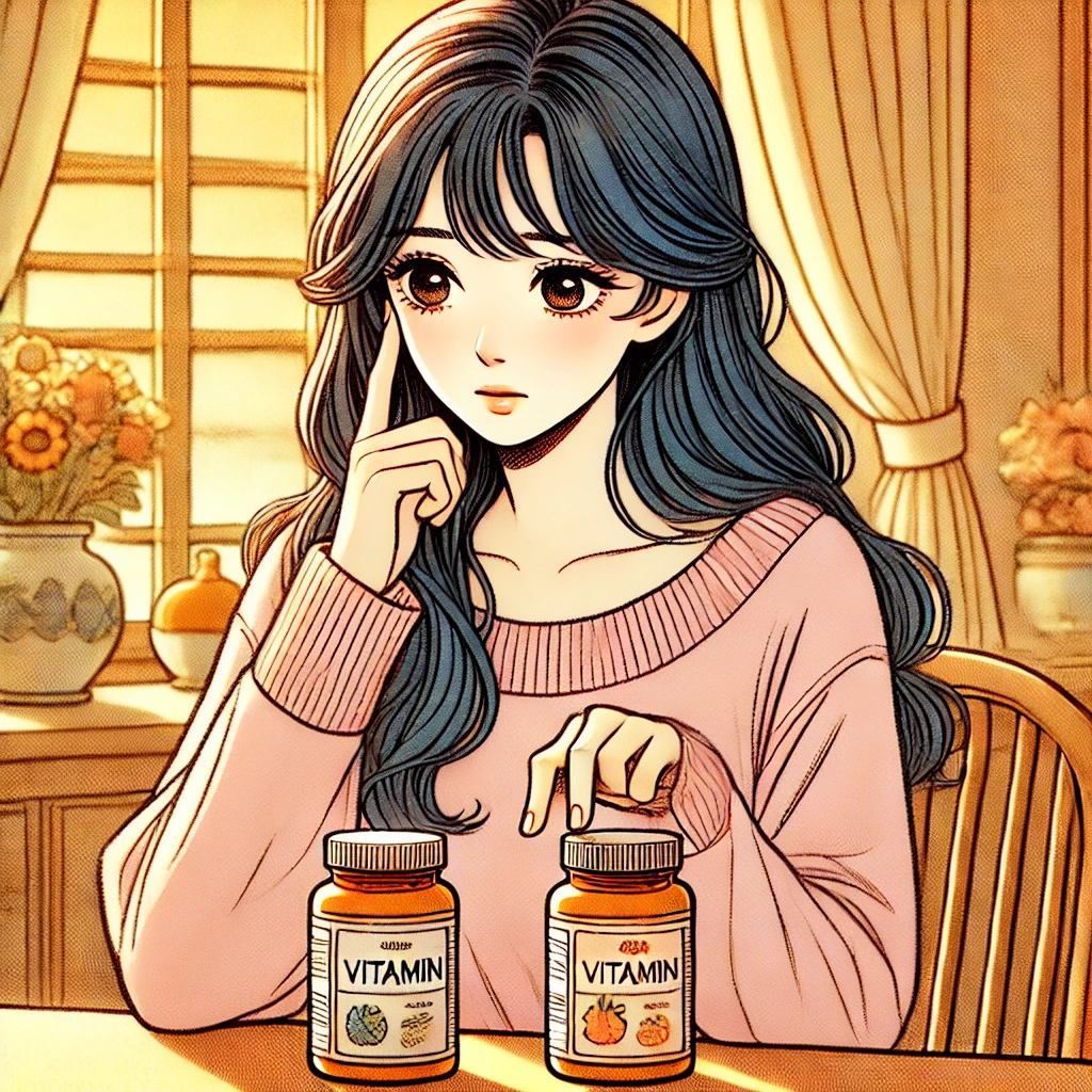 비타민 병을 들고 어떤 영양제를 선택할지 신중히 읽어보는 여성