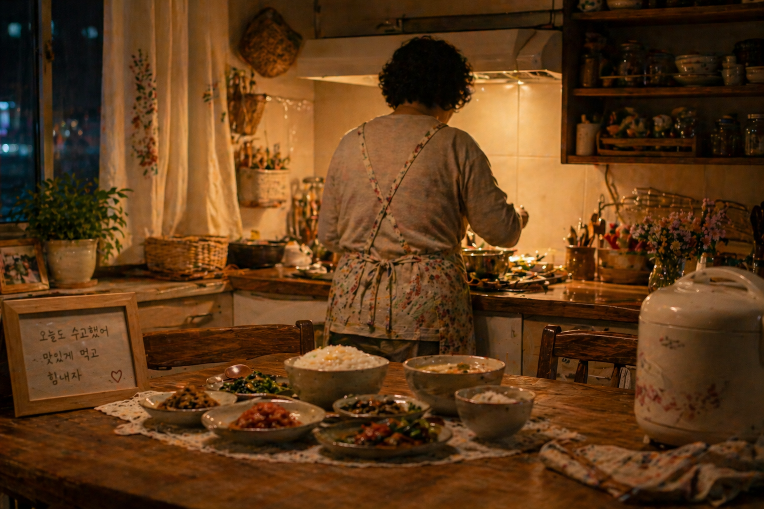 따뜻한 주방에서 엄마가 뒷모습으로 저녁 식사를 준비하고 있고 식탁에는 정성껏 차린 집밥이 놓여 있는 감성적인 가정집 장면