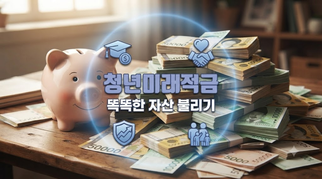 돼지저금통과 자산을 열심히 모은 청년의 모습