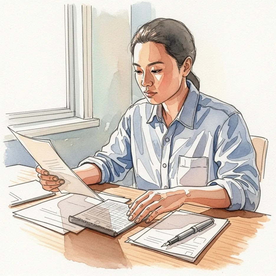 한 사람이 서류를 꼼꼼히 검토하는 장면