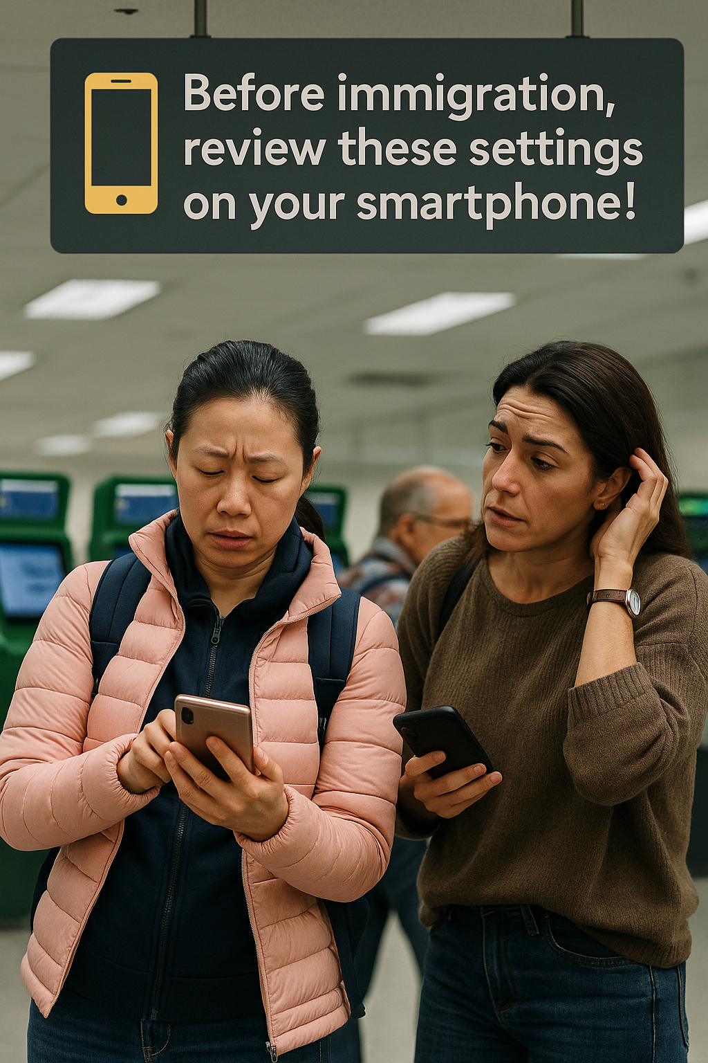 입국 심사 전 스마트폰 설정을 점검하는 여행객 모습의 이미지