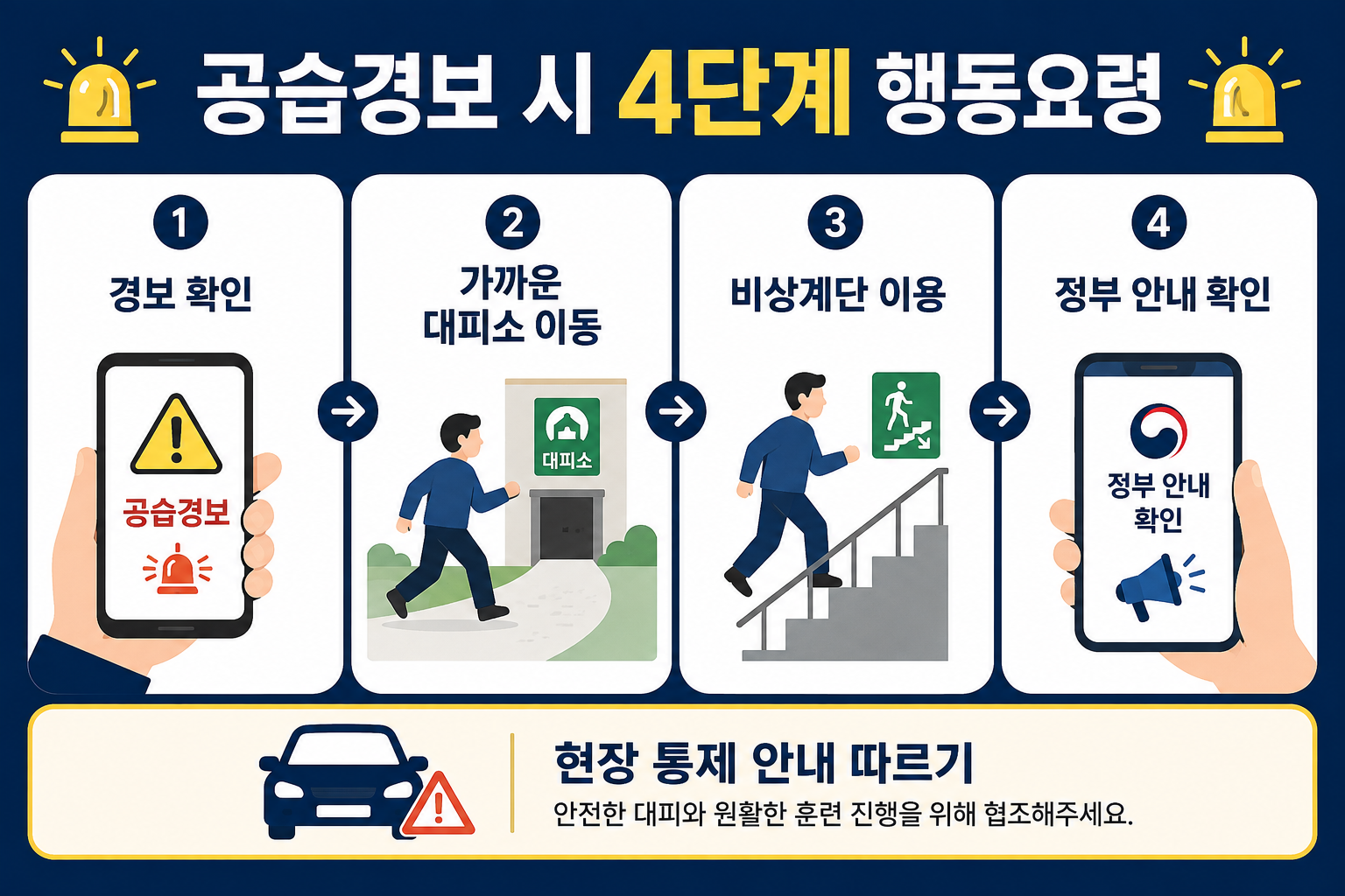 공습경보가 울렸을 때 민방위 대피소로 이동하는 4단계 행동요령