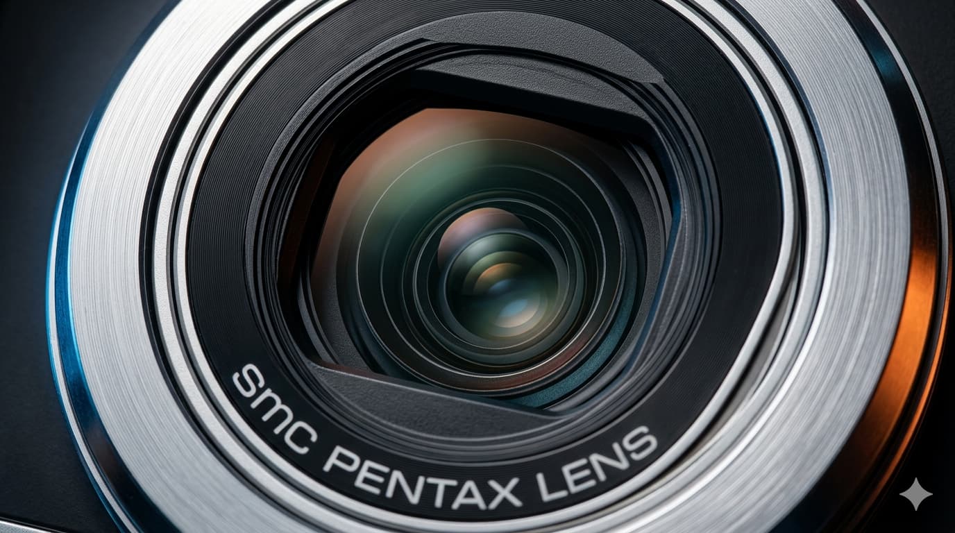 펜탁스 옵티오 750Z 하이엔드 디카의 smc PENTAX 렌즈와 알루미늄 금속 바디 질감을 강조한 매크로 접사 이미지. 정교한 기계 부품과 로고가 선명하게 촬영된 전문 스튜디오 컷.