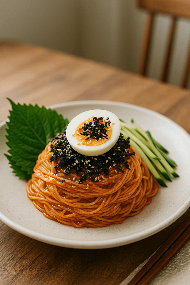 흰 접시에 고명까지 정갈하게 올려진 비빔국수 플레이팅 사진