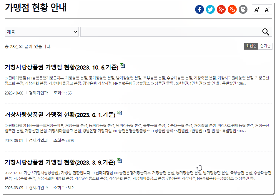 거창사랑상품권 가맹점 현황