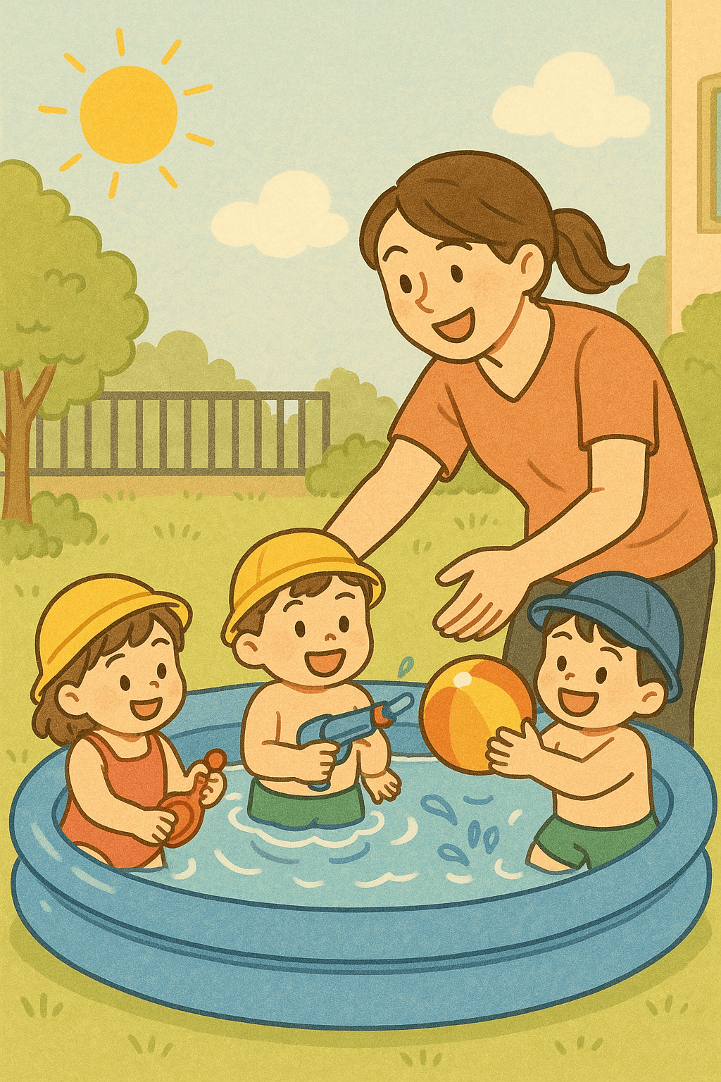 어린이집에서 아이들과 물놀이하는 교사