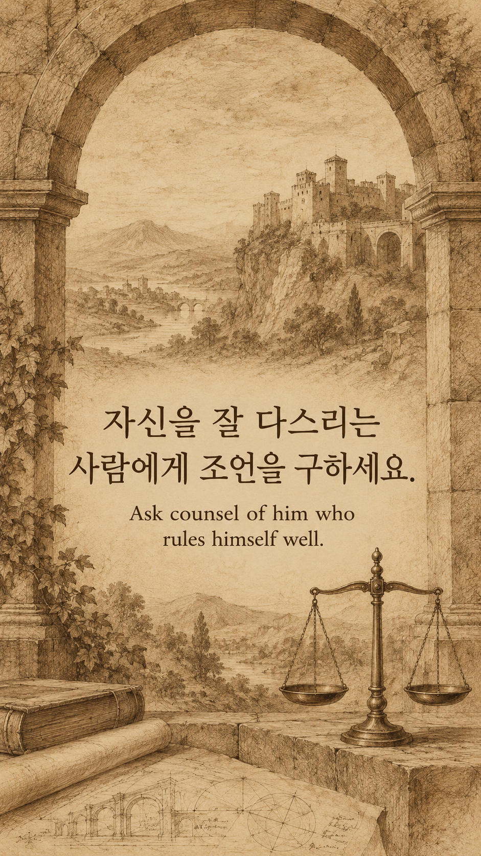 자신을 잘 다스리는 사람에게 조언을 구하세요. &mdash; 성채의 균형 잡힌 돌 아치와 작은 황동 저울, 다빈치풍 명암과 갈색 잉크 연구화