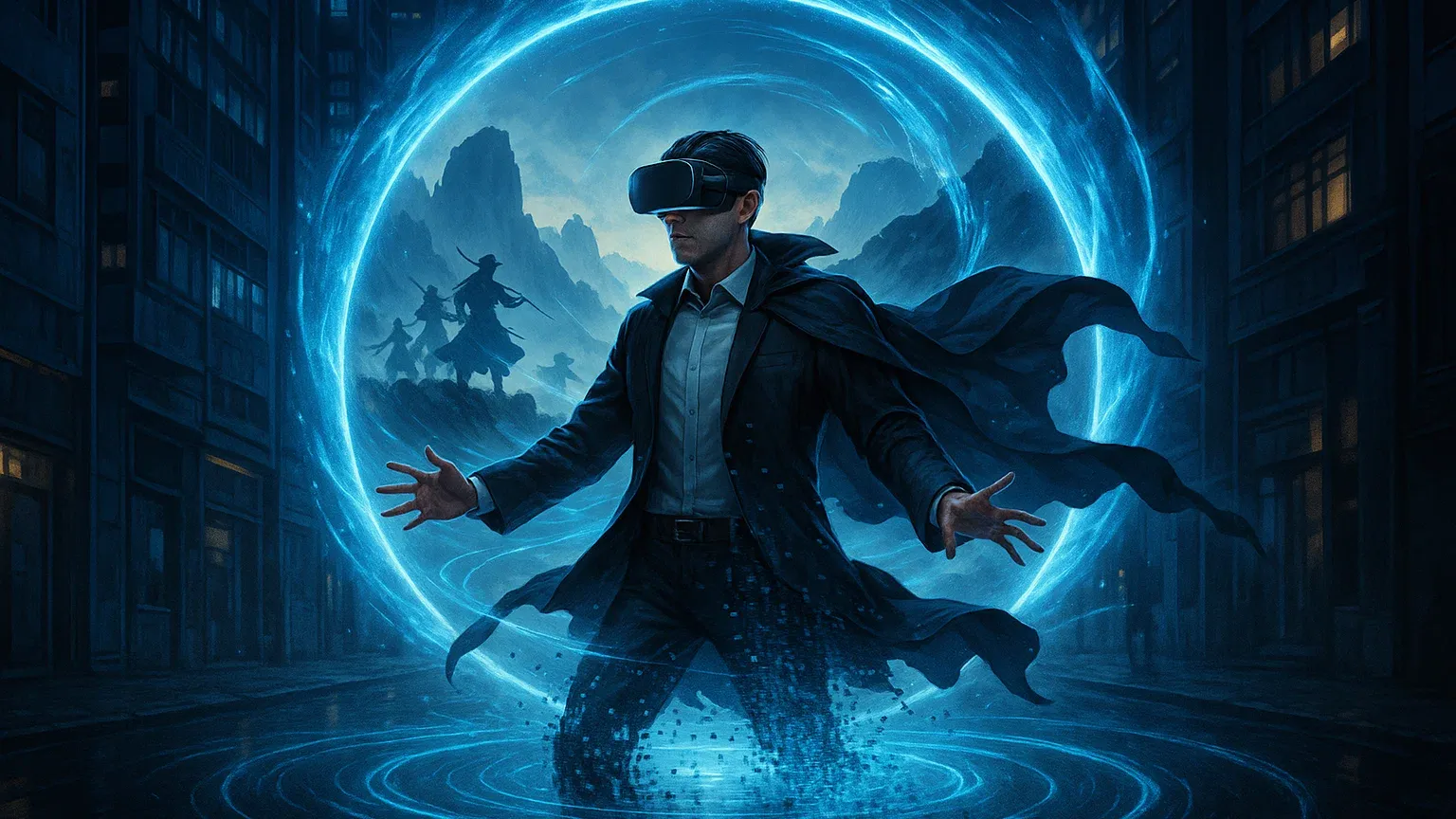 가상현실 헬멧을 쓴 현대인이 무림 세계로 진입하는 모습을 형상화한 퓨전 아트워크